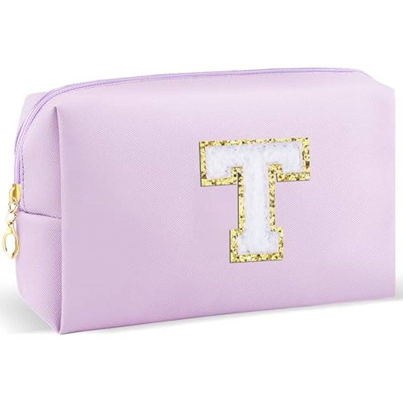 Gifts for Girls Initial Makeup Bag Personalized Cosmetic Bag with Zipper Cute Travel Toiletry Bag Waterproof PU Preppy Makeup Pouch Birthday Gift for Teen Girls Women(Purple T) - Image 1